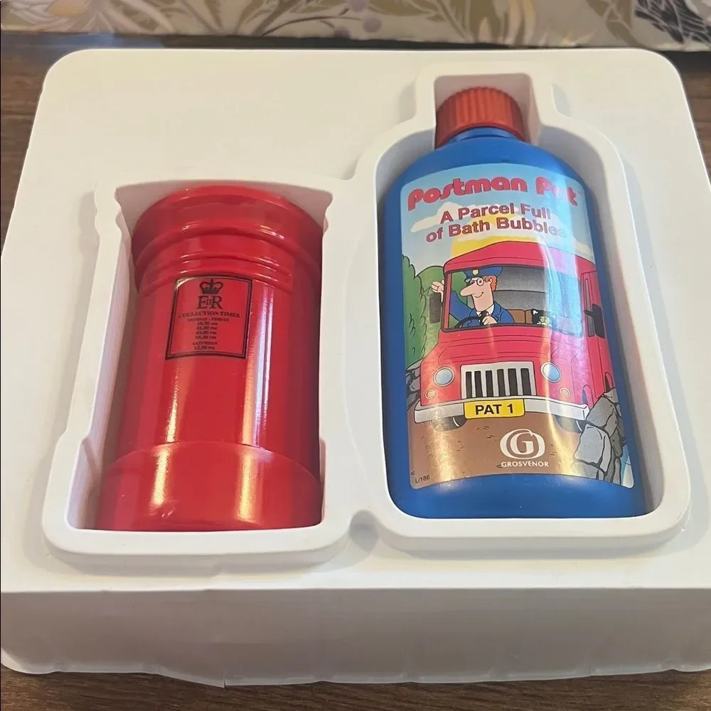 Vintage Postman Pat Moneybox and Bath Bubbles Set